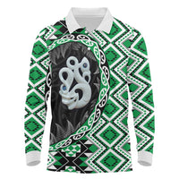 Green Taniko Motif Aotearoa Manaia and Silver Fern Long Sleeve Polo Shirt LT03 Green - Polynesian Pride