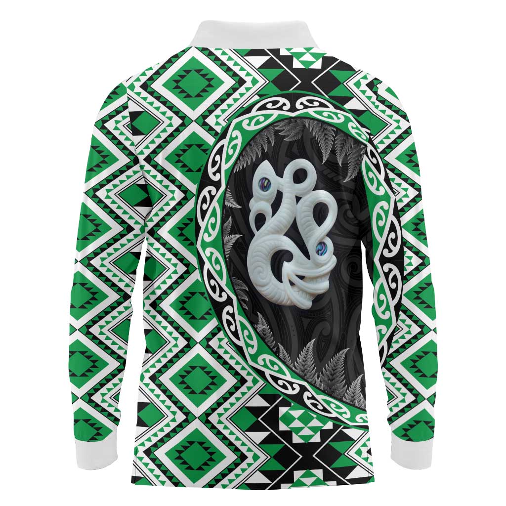Green Taniko Motif Aotearoa Manaia and Silver Fern Long Sleeve Polo Shirt LT03 - Polynesian Pride