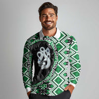 Green Taniko Motif Aotearoa Manaia and Silver Fern Long Sleeve Polo Shirt LT03 - Polynesian Pride