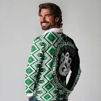Green Taniko Motif Aotearoa Manaia and Silver Fern Long Sleeve Polo Shirt LT03 - Polynesian Pride