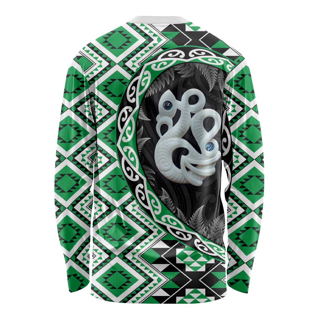 Green Taniko Motif Aotearoa Manaia and Silver Fern Long Sleeve Shirt
