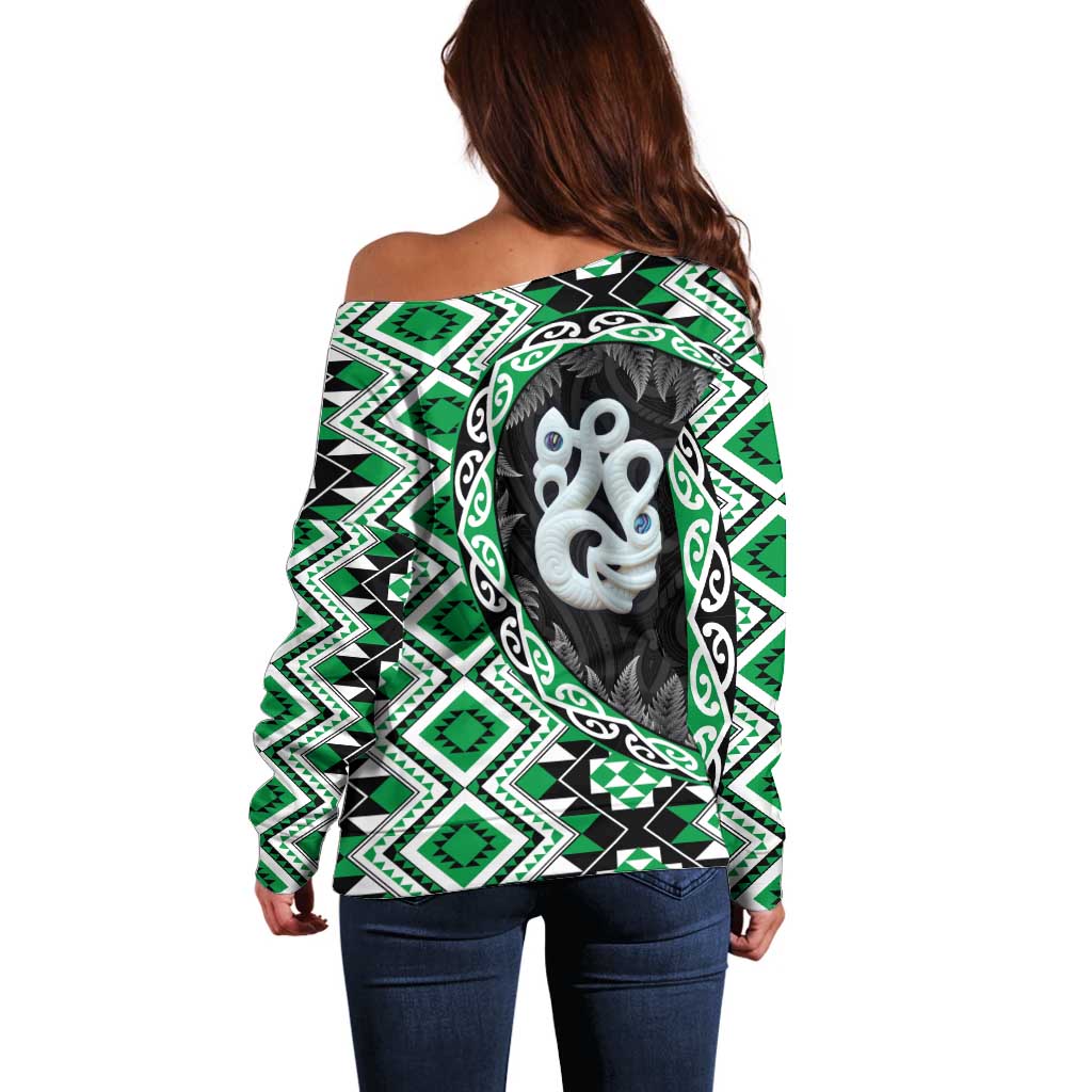 Green Taniko Motif Aotearoa Manaia and Silver Fern Off Shoulder Sweater