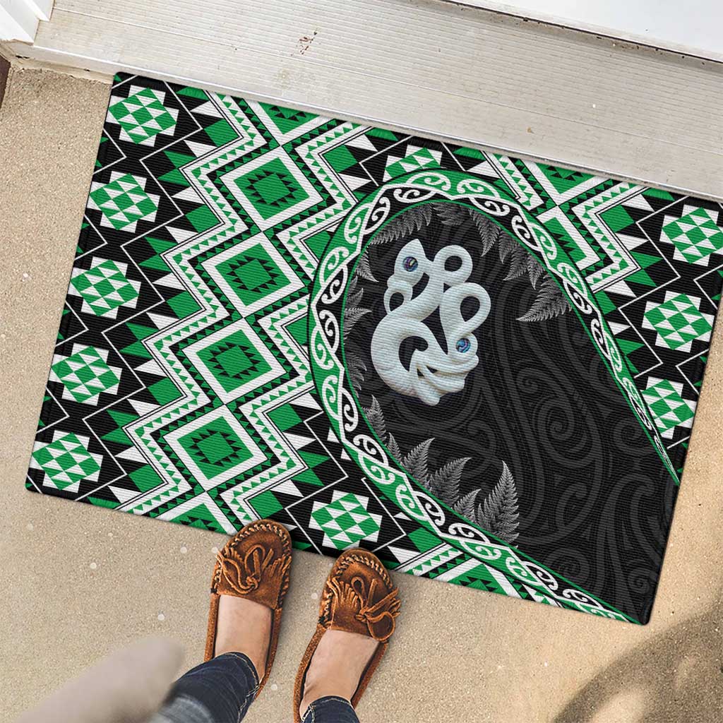 Green Taniko Motif Aotearoa Manaia and Silver Fern Rubber Doormat