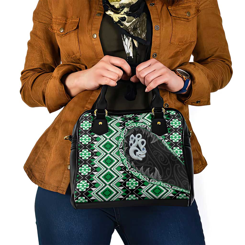 Green Taniko Motif Aotearoa Manaia and Silver Fern Shoulder Handbag