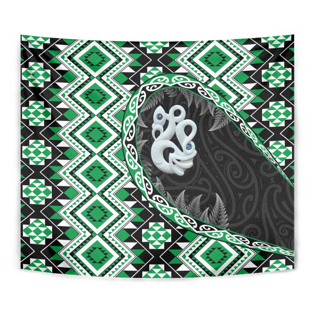 Green Taniko Motif Aotearoa Manaia and Silver Fern Tapestry