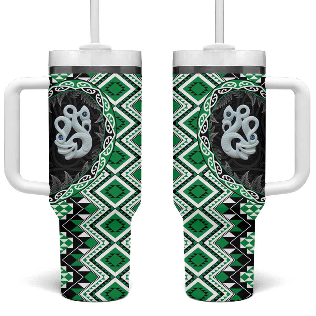 Green Taniko Motif Aotearoa Manaia and Silver Fern Tumbler With Handle