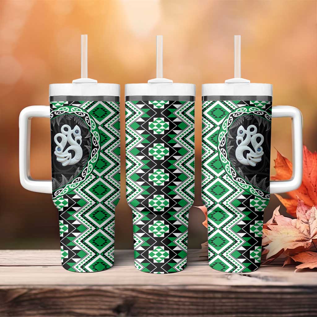 Green Taniko Motif Aotearoa Manaia and Silver Fern Tumbler With Handle
