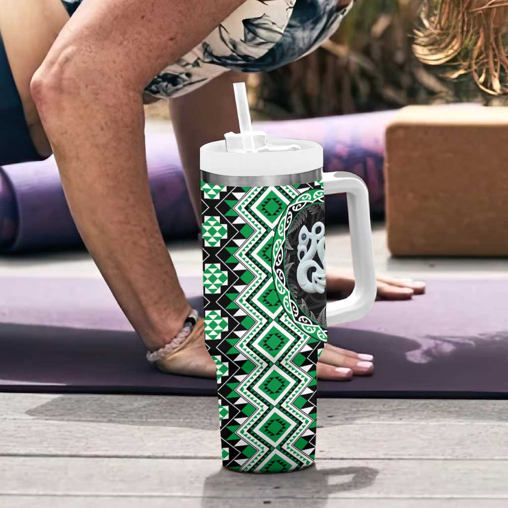 Green Taniko Motif Aotearoa Manaia and Silver Fern Tumbler With Handle