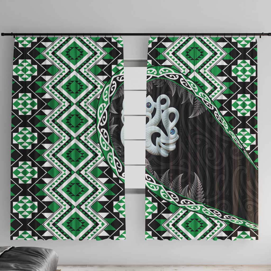 Green Taniko Motif Aotearoa Manaia and Silver Fern Window Curtain