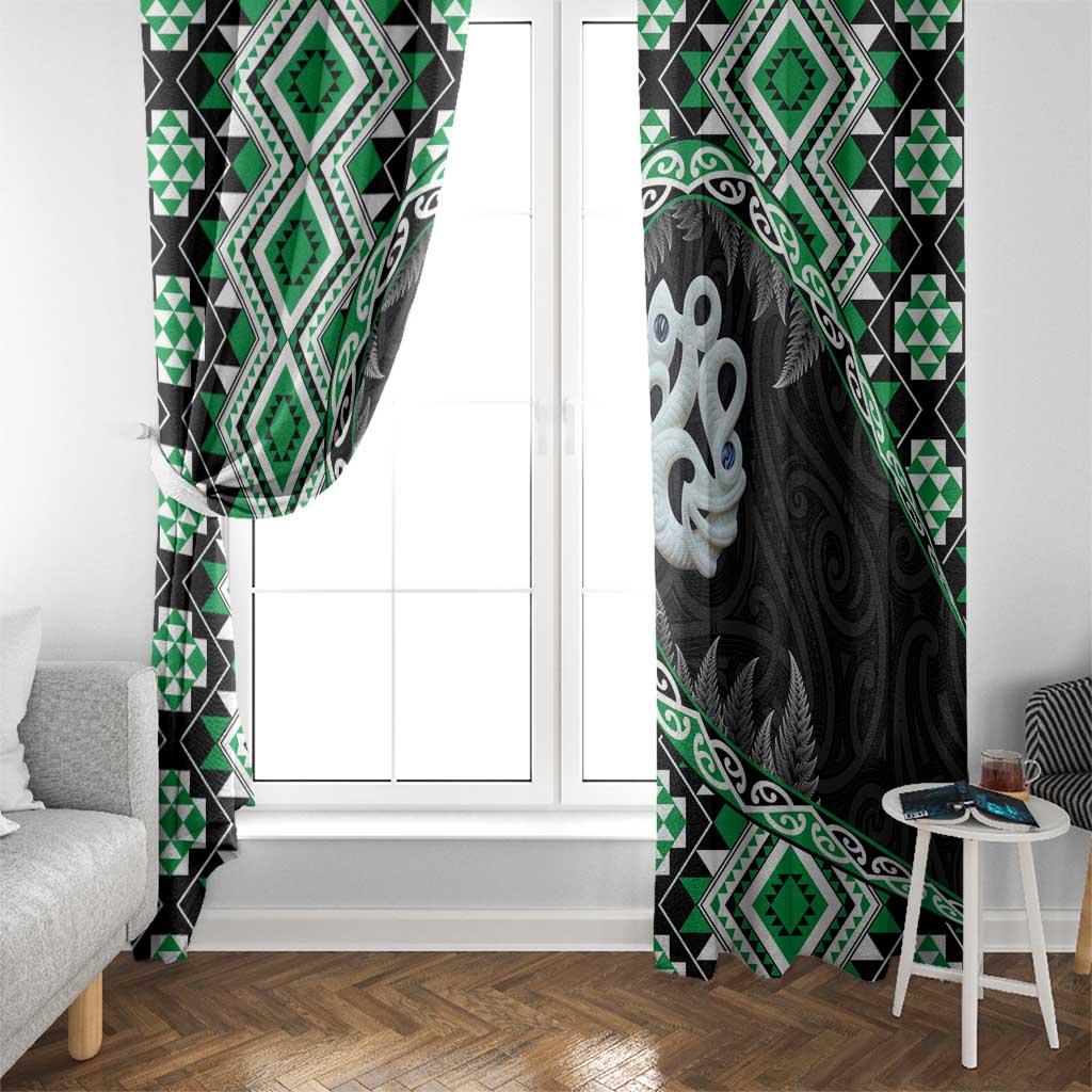 Green Taniko Motif Aotearoa Manaia and Silver Fern Window Curtain