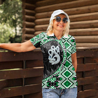 Green Taniko Motif Aotearoa Manaia and Silver Fern Women Polo Shirt
