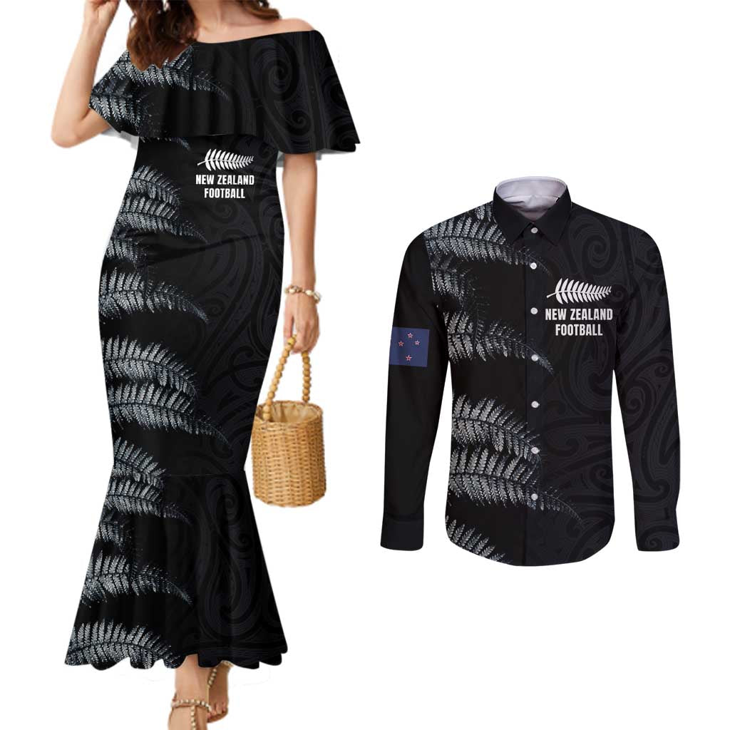 Custom New Zealand Football-Towards World Cup 2026 Couples Matching Mermaid Dress and Long Sleeve Button Shirt LT03 Black - Polynesian Pride
