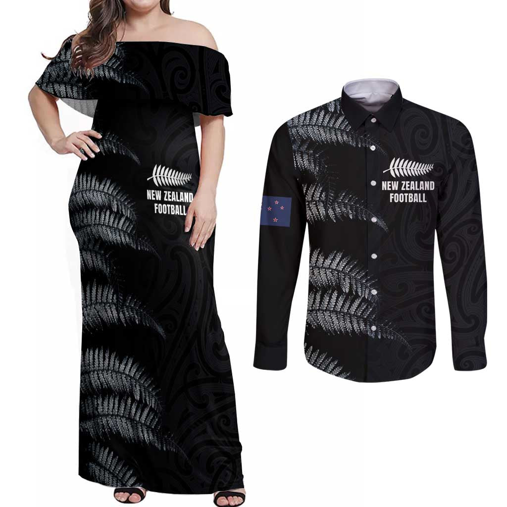Custom New Zealand Football-Towards World Cup 2026 Couples Matching Off Shoulder Maxi Dress and Long Sleeve Button Shirt LT03 Black - Polynesian Pride