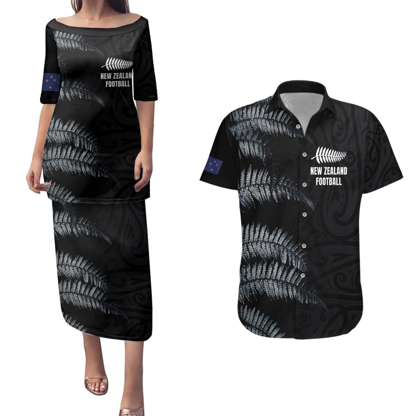 Custom New Zealand Football-Towards World Cup 2026 Couples Matching Puletasi and Hawaiian Shirt LT03 Black - Polynesian Pride