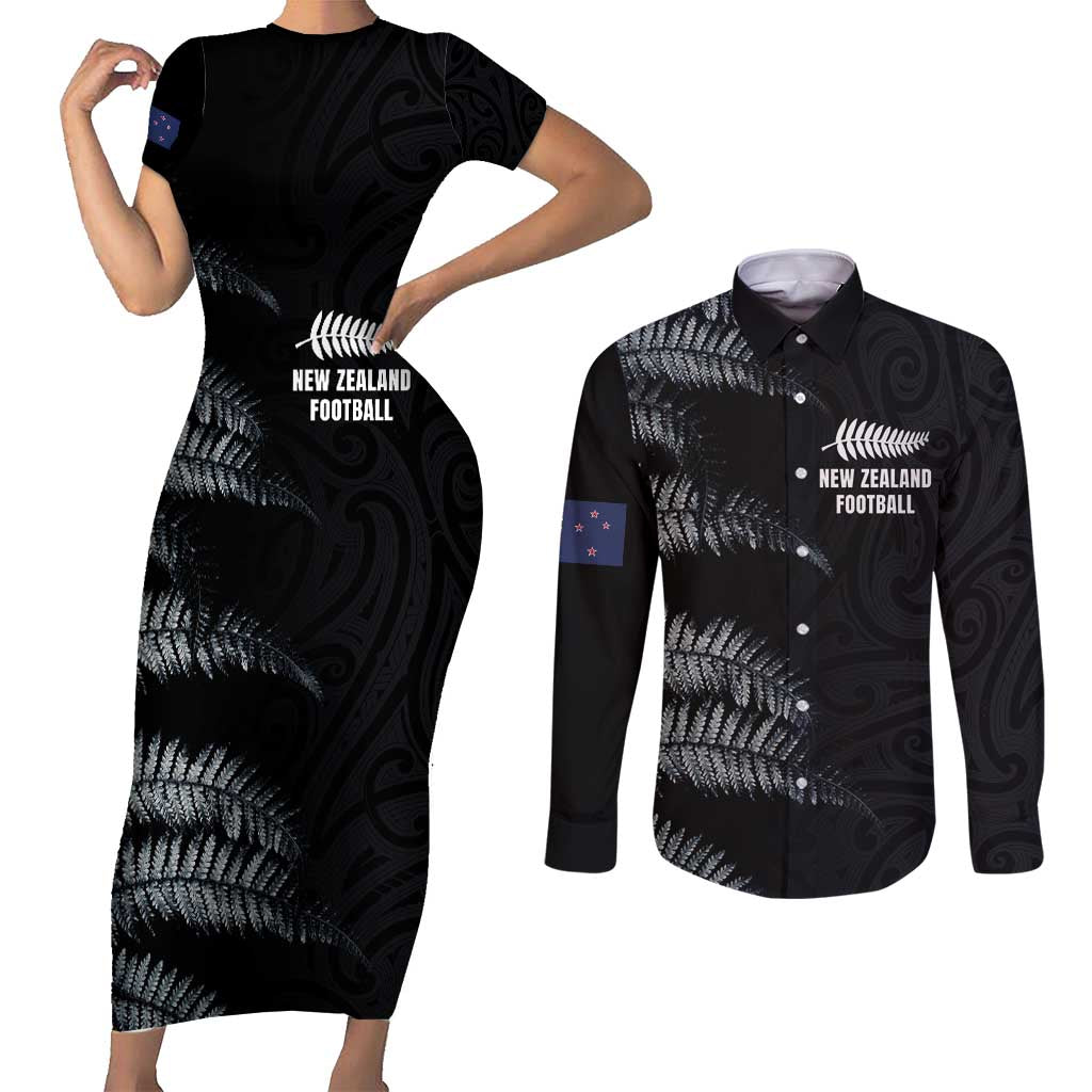 Custom New Zealand Football-Towards World Cup 2026 Couples Matching Short Sleeve Bodycon Dress and Long Sleeve Button Shirt LT03 Black - Polynesian Pride