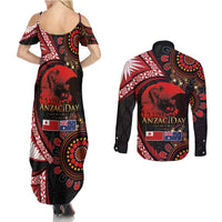 Tonga and Australia ANZAC Day Couples Matching Summer Maxi Dress and Long Sleeve Button Shirt Aboriginal and Ngatu Art Pattern - Gallipoli Lest We Forget LT03 - Polynesian Pride