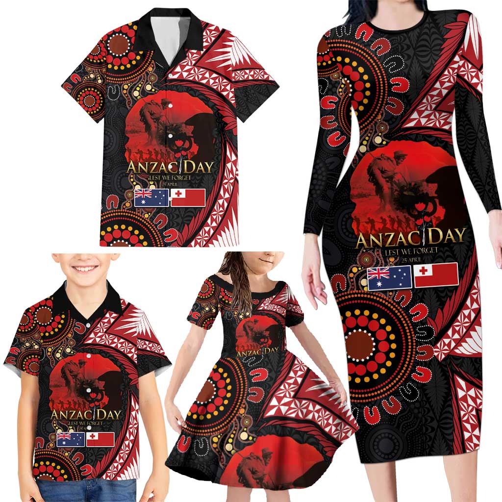 Tonga and Australia ANZAC Day Family Matching Long Sleeve Bodycon Dress and Hawaiian Shirt Aboriginal and Ngatu Art Pattern - Gallipoli Lest We Forget LT03 - Polynesian Pride
