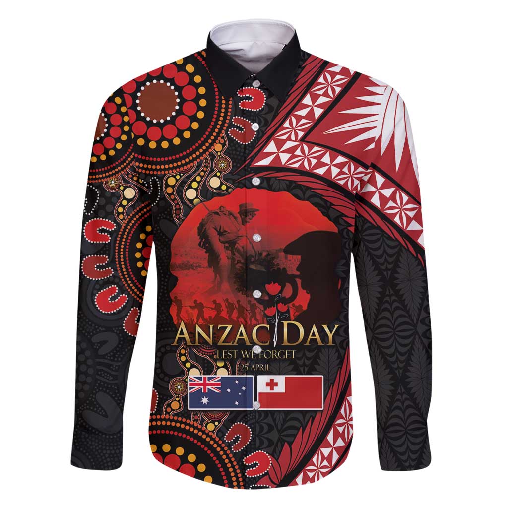 Tonga and Australia ANZAC Day Family Matching Long Sleeve Bodycon Dress and Hawaiian Shirt Aboriginal and Ngatu Art Pattern - Gallipoli Lest We Forget LT03 Dad's Shirt - Long Sleeve Black - Polynesian Pride