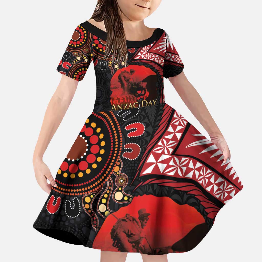 Tonga and Australia ANZAC Day Family Matching Mermaid Dress and Hawaiian Shirt Aboriginal and Ngatu Art Pattern - Gallipoli Lest We Forget LT03 Daughter's Dress Black - Polynesian Pride