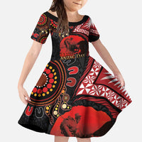 Tonga and Australia ANZAC Day Family Matching Mermaid Dress and Hawaiian Shirt Aboriginal and Ngatu Art Pattern - Gallipoli Lest We Forget LT03 Daughter's Dress Black - Polynesian Pride