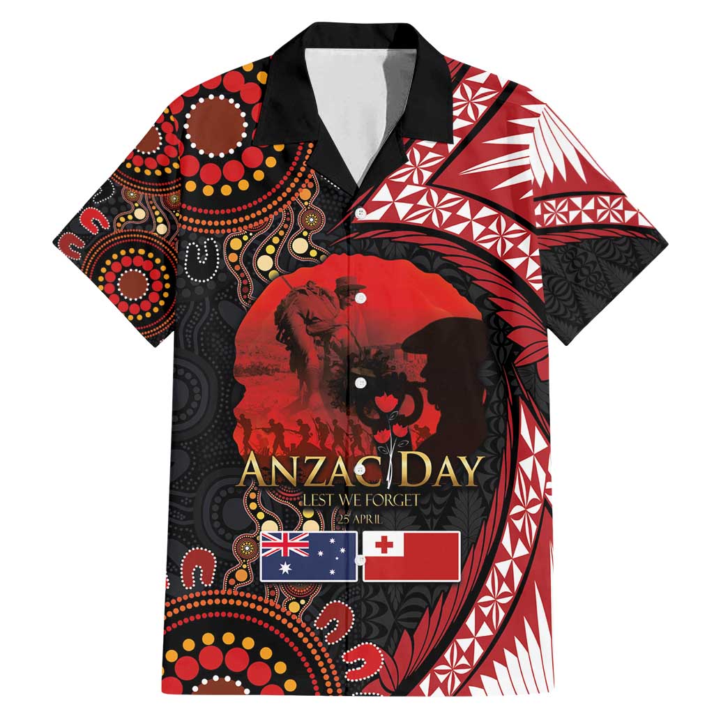 Tonga and Australia ANZAC Day Family Matching Mermaid Dress and Hawaiian Shirt Aboriginal and Ngatu Art Pattern - Gallipoli Lest We Forget LT03 Dad's Shirt - Short Sleeve Black - Polynesian Pride