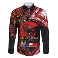 Tonga and Australia ANZAC Day Family Matching Mermaid Dress and Hawaiian Shirt Aboriginal and Ngatu Art Pattern - Gallipoli Lest We Forget LT03 Dad's Shirt - Long Sleeve Black - Polynesian Pride