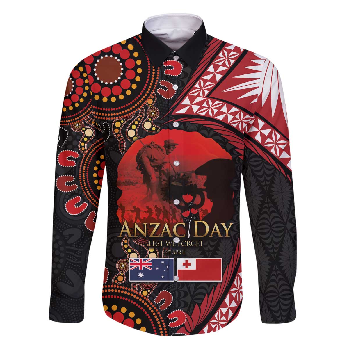Tonga and Australia ANZAC Day Family Matching Off The Shoulder Long Sleeve Dress and Hawaiian Shirt Aboriginal and Ngatu Art Pattern - Gallipoli Lest We Forget