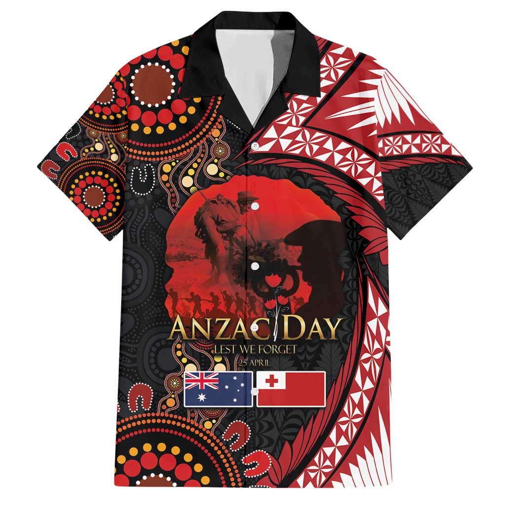 Tonga and Australia ANZAC Day Family Matching Short Sleeve Bodycon Dress and Hawaiian Shirt Aboriginal and Ngatu Art Pattern - Gallipoli Lest We Forget LT03 Dad's Shirt - Short Sleeve Black - Polynesian Pride