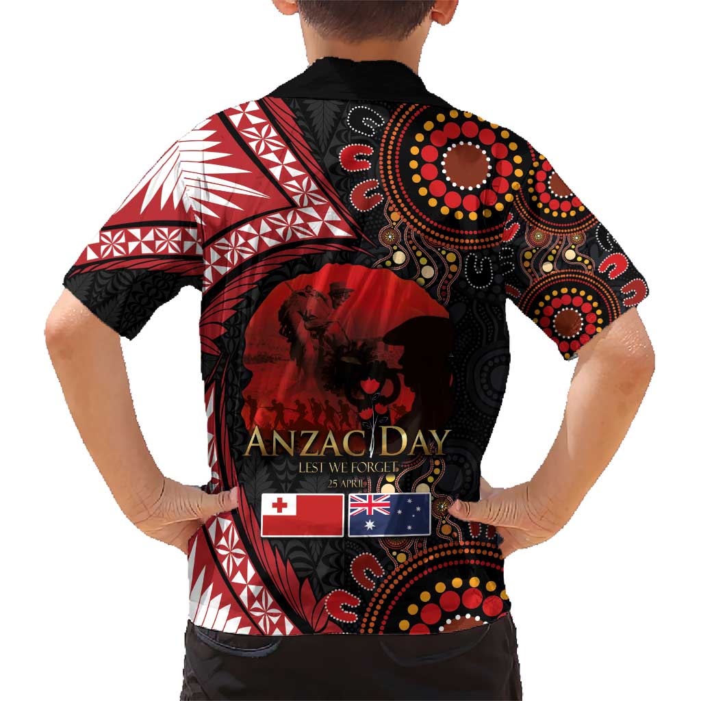Tonga and Australia ANZAC Day Kid Hawaiian Shirt Aboriginal and Ngatu Art Pattern - Gallipoli Lest We Forget