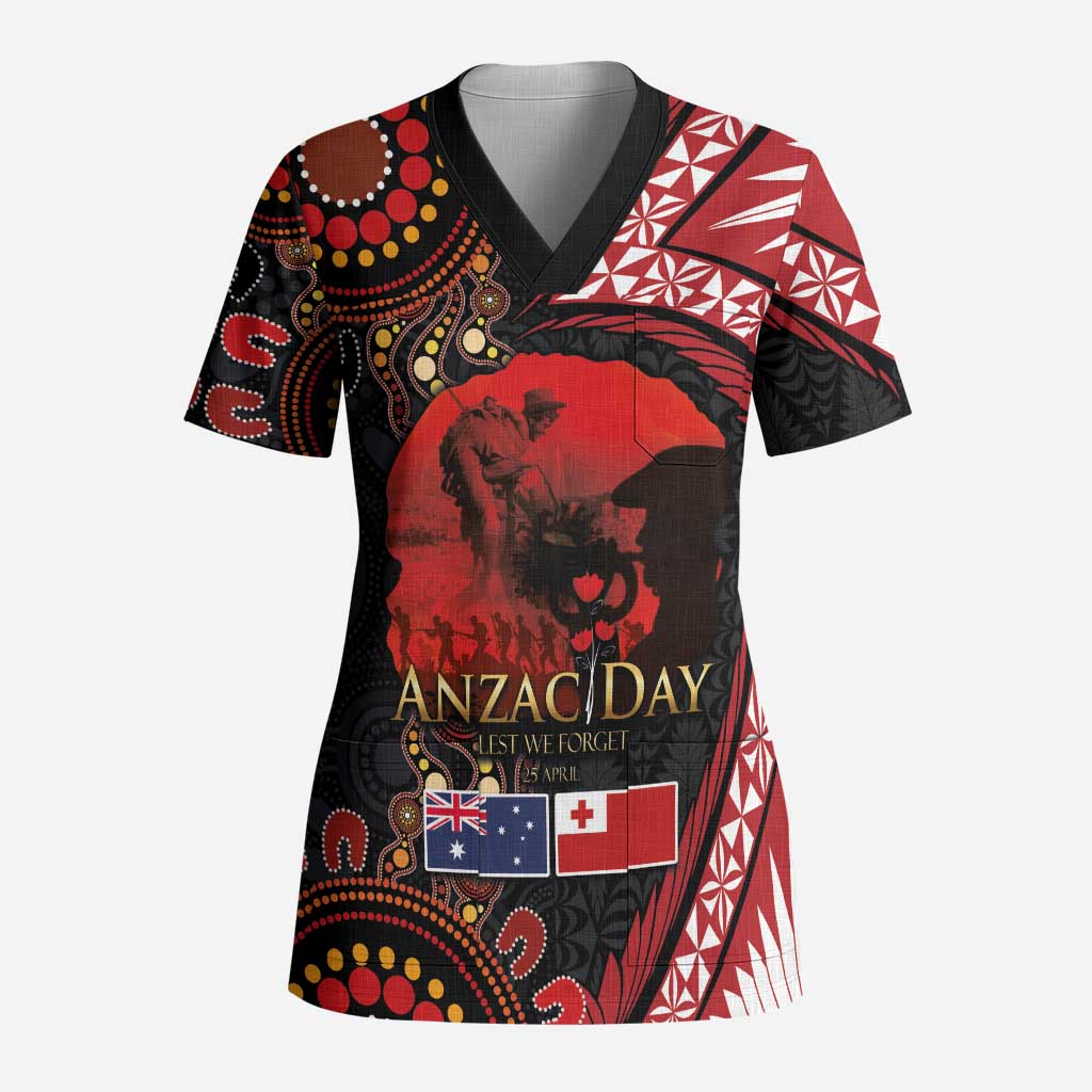 Tonga and Australia ANZAC Day Scrub Top Aboriginal and Ngatu Art Pattern - Gallipoli Lest We Forget - Polynesian Pride