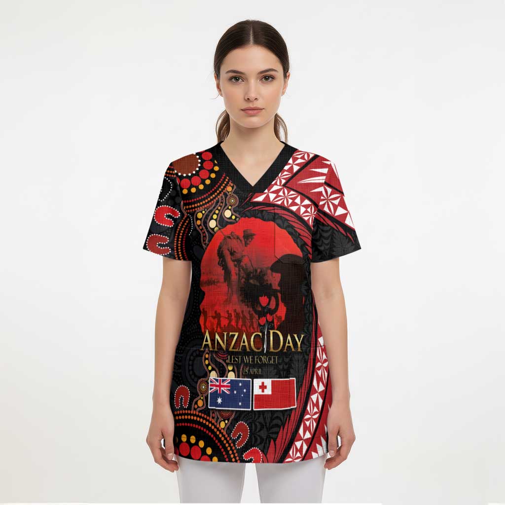 Tonga and Australia ANZAC Day Scrub Top Aboriginal and Ngatu Art Pattern - Gallipoli Lest We Forget - Polynesian Pride