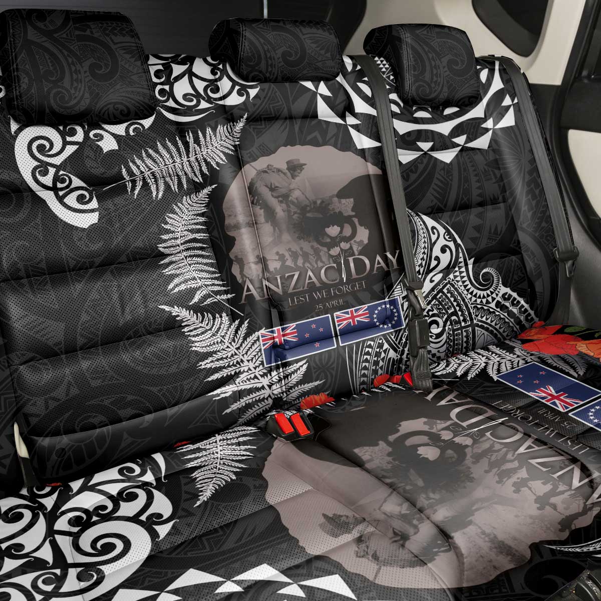 New Zealand and Cook Islands ANZAC Day Back Car Seat Cover Gallipoli Lest We Forget Tatau Art Tribal and Maori Tattoo with Fern