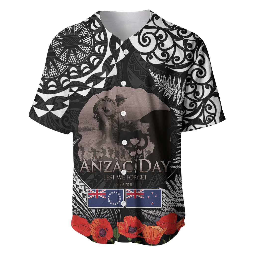New Zealand and Cook Islands ANZAC Day Baseball Jersey Gallipoli Lest We Forget Tatau Art Tribal and Maori Tattoo with Fern LT03 Black - Polynesian Pride
