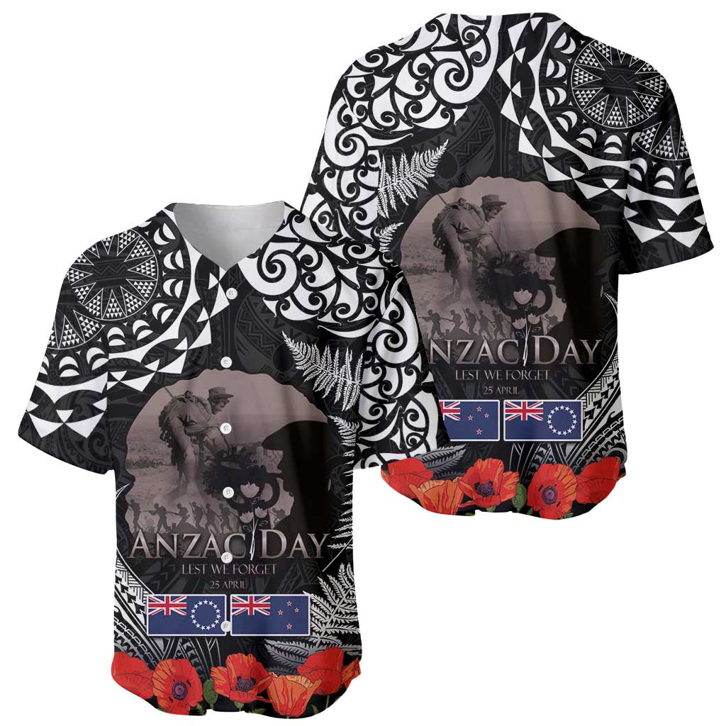 New Zealand and Cook Islands ANZAC Day Baseball Jersey Gallipoli Lest We Forget Tatau Art Tribal and Maori Tattoo with Fern LT03 - Polynesian Pride