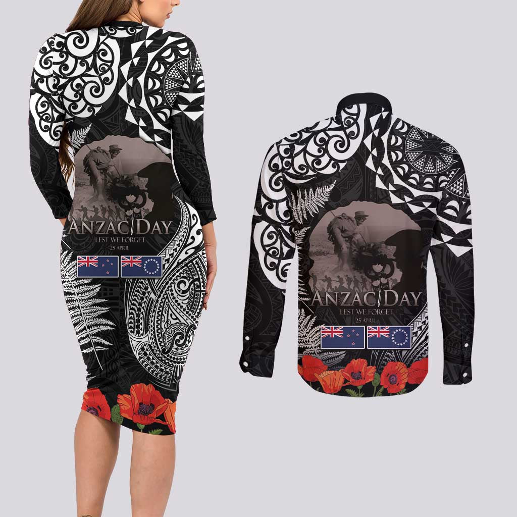 New Zealand and Cook Islands ANZAC Day Couples Matching Long Sleeve Bodycon Dress and Long Sleeve Button Shirt Gallipoli Lest We Forget Tatau Art Tribal and Maori Tattoo with Fern LT03 - Polynesian Pride
