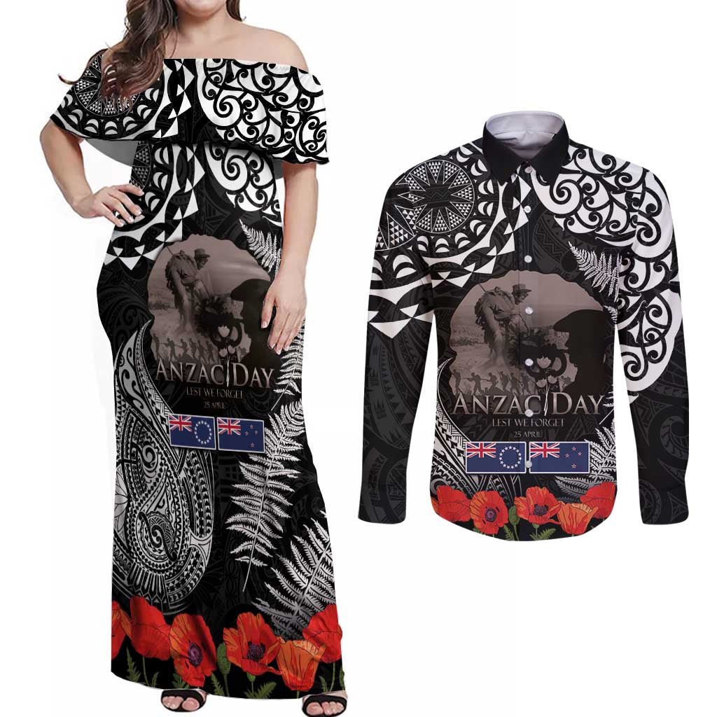 New Zealand and Cook Islands ANZAC Day Couples Matching Off Shoulder Maxi Dress and Long Sleeve Button Shirt Gallipoli Lest We Forget Tatau Art Tribal and Maori Tattoo with Fern LT03 Black - Polynesian Pride