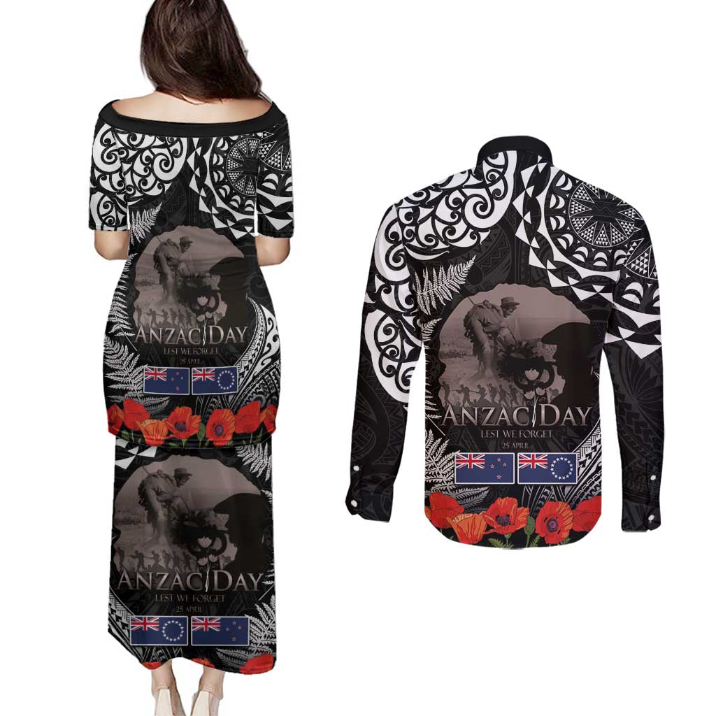 New Zealand and Cook Islands ANZAC Day Couples Matching Puletasi and Long Sleeve Button Shirt Gallipoli Lest We Forget Tatau Art Tribal and Maori Tattoo with Fern LT03 - Polynesian Pride
