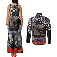 New Zealand and Cook Islands ANZAC Day Couples Matching Tank Maxi Dress and Long Sleeve Button Shirt Gallipoli Lest We Forget Tatau Art Tribal and Maori Tattoo with Fern LT03 - Polynesian Pride