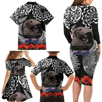 New Zealand and Cook Islands ANZAC Day Family Matching Long Sleeve Bodycon Dress and Hawaiian Shirt Gallipoli Lest We Forget Tatau Art Tribal and Maori Tattoo with Fern LT03 - Polynesian Pride
