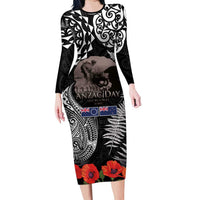 New Zealand and Cook Islands ANZAC Day Family Matching Long Sleeve Bodycon Dress and Hawaiian Shirt Gallipoli Lest We Forget Tatau Art Tribal and Maori Tattoo with Fern LT03 Mom's Dress Black - Polynesian Pride