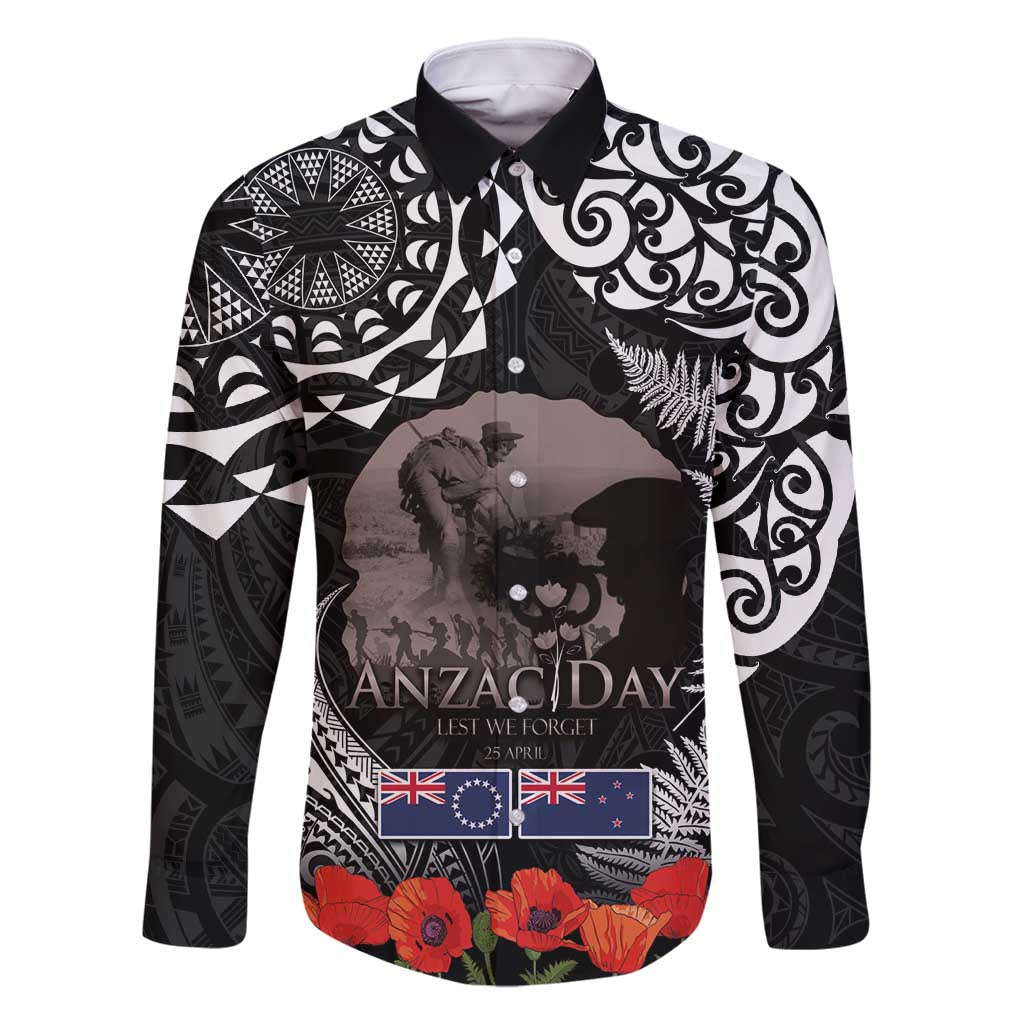 New Zealand and Cook Islands ANZAC Day Family Matching Mermaid Dress and Hawaiian Shirt Gallipoli Lest We Forget Tatau Art Tribal and Maori Tattoo with Fern LT03 Dad's Shirt - Long Sleeve Black - Polynesian Pride