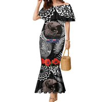 New Zealand and Cook Islands ANZAC Day Family Matching Mermaid Dress and Hawaiian Shirt Gallipoli Lest We Forget Tatau Art Tribal and Maori Tattoo with Fern LT03 Mom's Dress Black - Polynesian Pride