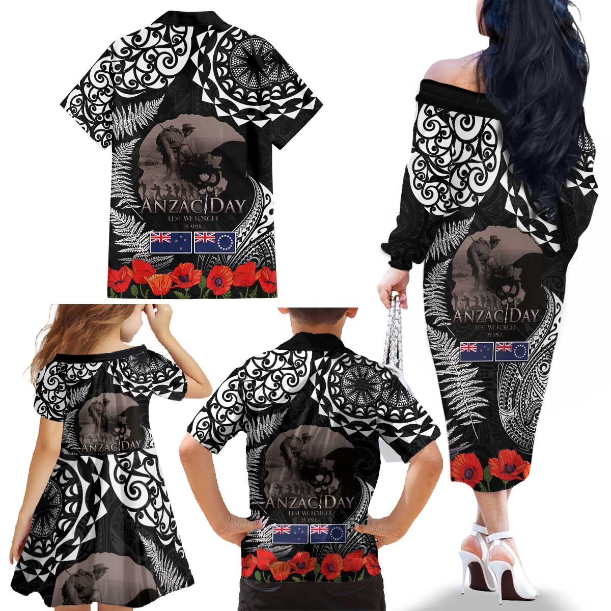 New Zealand and Cook Islands ANZAC Day Family Matching Off The Shoulder Long Sleeve Dress and Hawaiian Shirt Gallipoli Lest We Forget Tatau Art Tribal and Maori Tattoo with Fern LT03 - Polynesian Pride