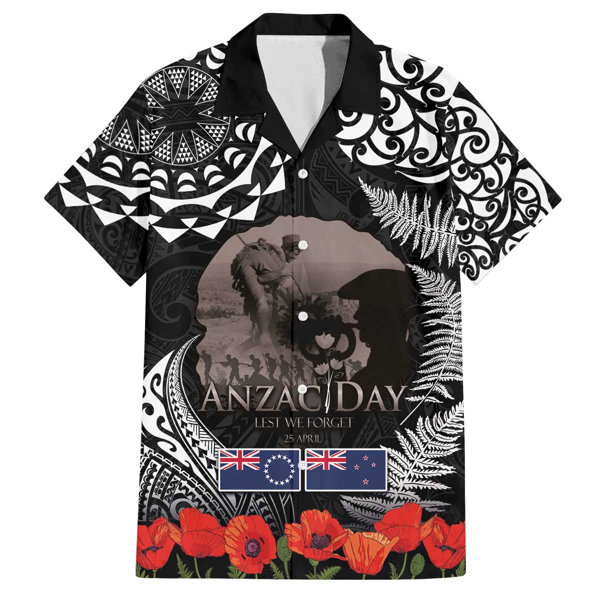 New Zealand and Cook Islands ANZAC Day Family Matching Off The Shoulder Long Sleeve Dress and Hawaiian Shirt Gallipoli Lest We Forget Tatau Art Tribal and Maori Tattoo with Fern LT03 Dad's Shirt - Short Sleeve Black - Polynesian Pride