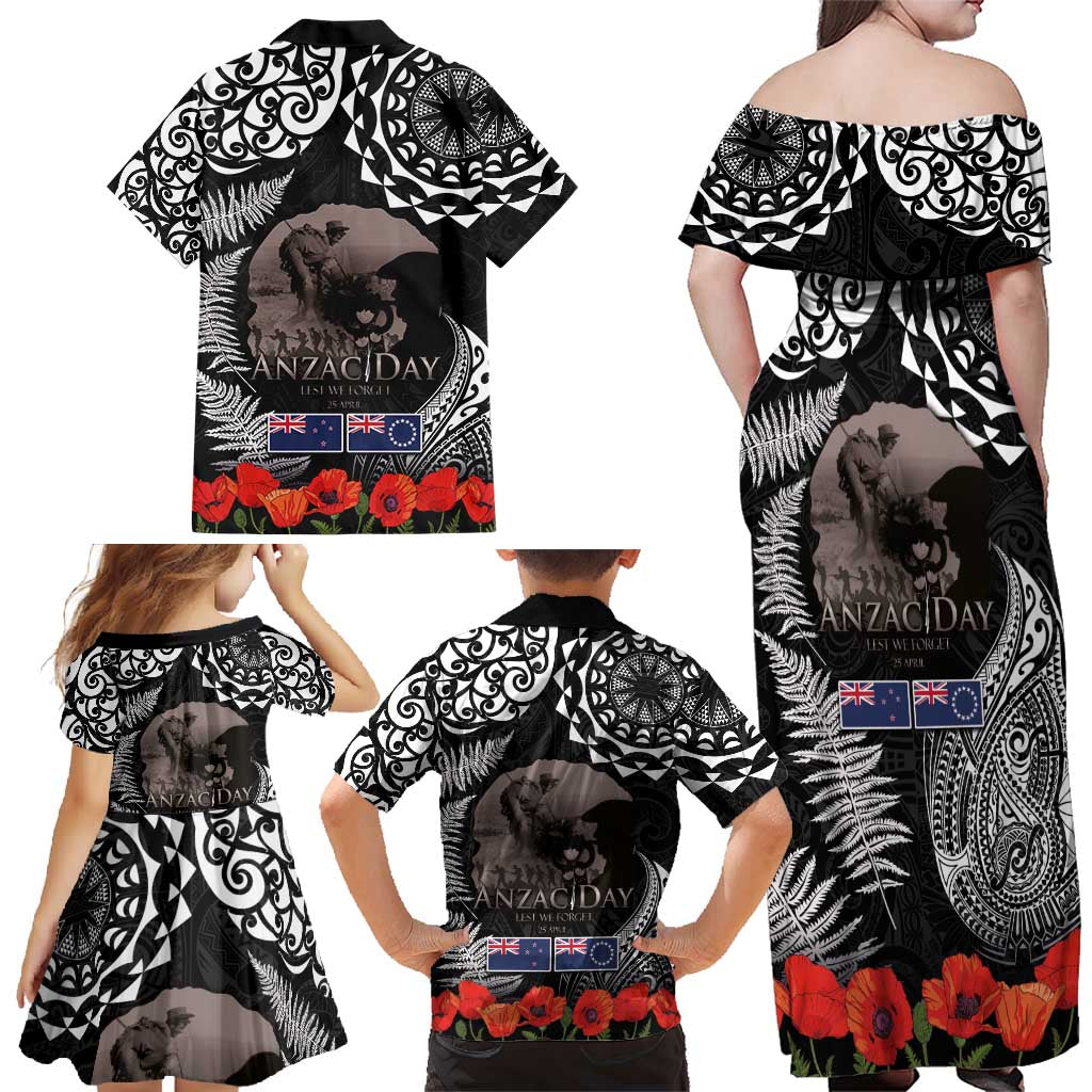 New Zealand and Cook Islands ANZAC Day Family Matching Off Shoulder Maxi Dress and Hawaiian Shirt Gallipoli Lest We Forget Tatau Art Tribal and Maori Tattoo with Fern