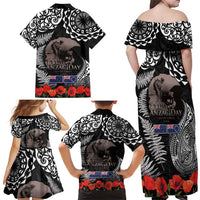 New Zealand and Cook Islands ANZAC Day Family Matching Off Shoulder Maxi Dress and Hawaiian Shirt Gallipoli Lest We Forget Tatau Art Tribal and Maori Tattoo with Fern