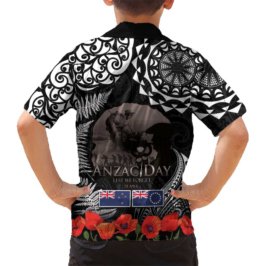 New Zealand and Cook Islands ANZAC Day Family Matching Short Sleeve Bodycon Dress and Hawaiian Shirt Gallipoli Lest We Forget Tatau Art Tribal and Maori Tattoo with Fern LT03 - Polynesian Pride