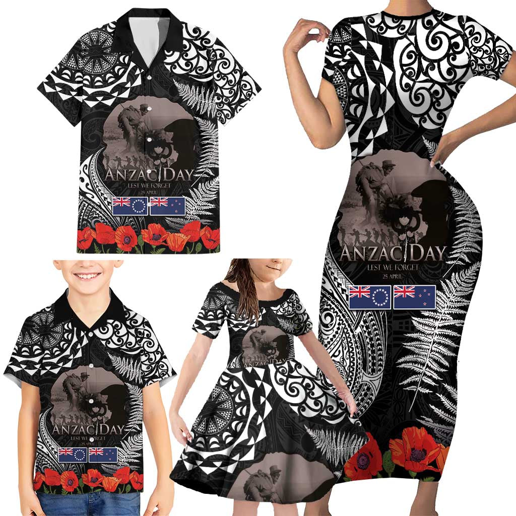 New Zealand and Cook Islands ANZAC Day Family Matching Short Sleeve Bodycon Dress and Hawaiian Shirt Gallipoli Lest We Forget Tatau Art Tribal and Maori Tattoo with Fern LT03 - Polynesian Pride