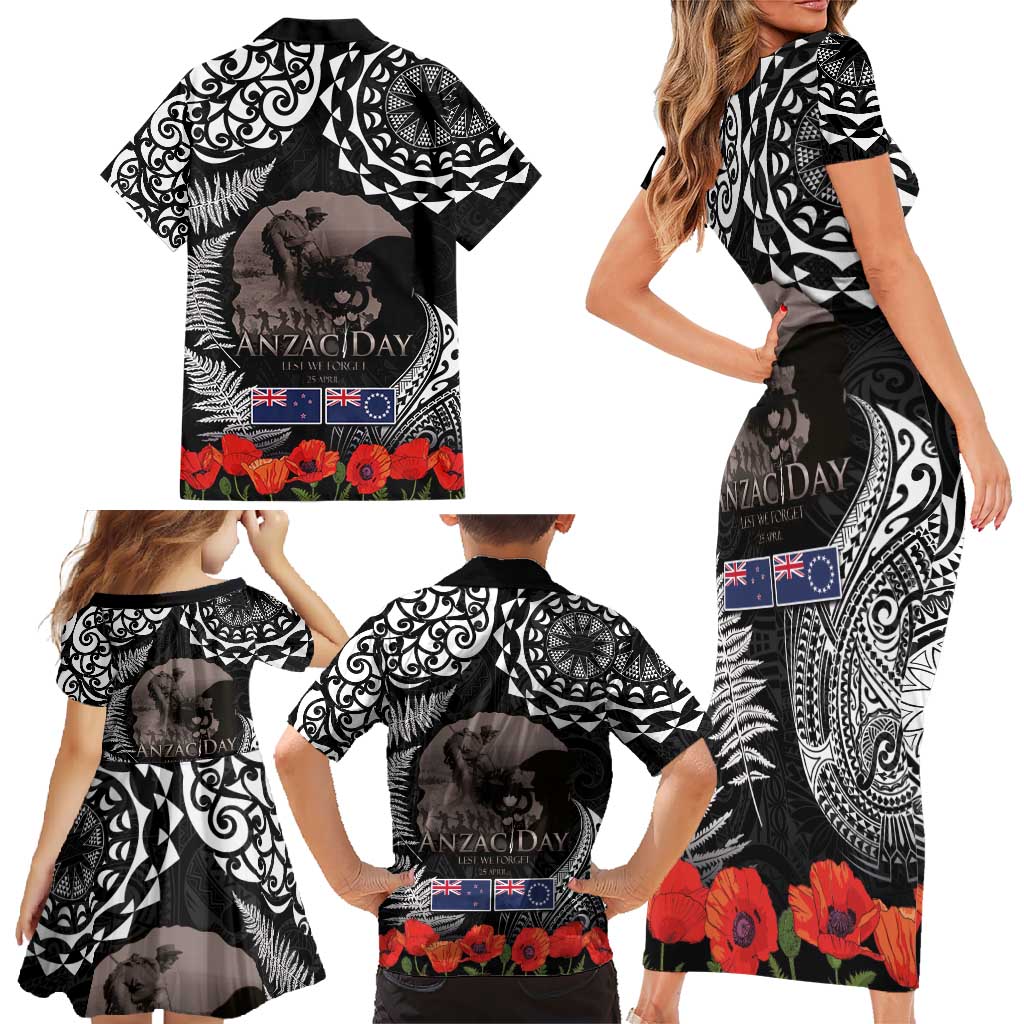 New Zealand and Cook Islands ANZAC Day Family Matching Short Sleeve Bodycon Dress and Hawaiian Shirt Gallipoli Lest We Forget Tatau Art Tribal and Maori Tattoo with Fern LT03 - Polynesian Pride