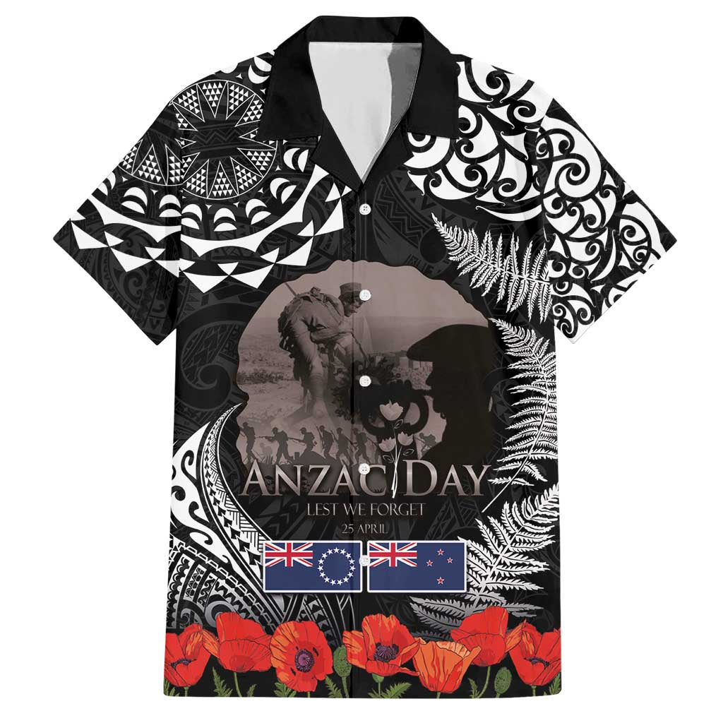New Zealand and Cook Islands ANZAC Day Family Matching Short Sleeve Bodycon Dress and Hawaiian Shirt Gallipoli Lest We Forget Tatau Art Tribal and Maori Tattoo with Fern LT03 Dad's Shirt - Short Sleeve Black - Polynesian Pride